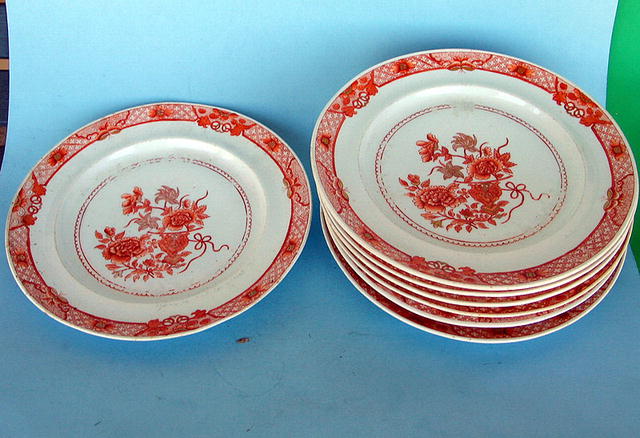 CHINESE EXPORT PLATES (7) ORANGE WITH BUTTERFLIES NICE