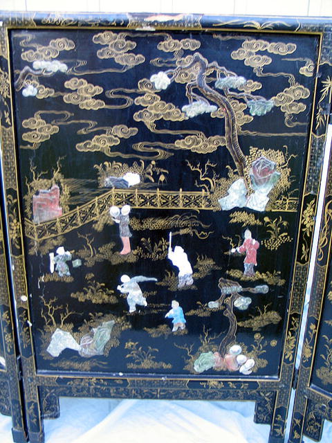 LARGE CHINESE SCREEN W/ JADE IVORY SERPENTINE CARVINGS