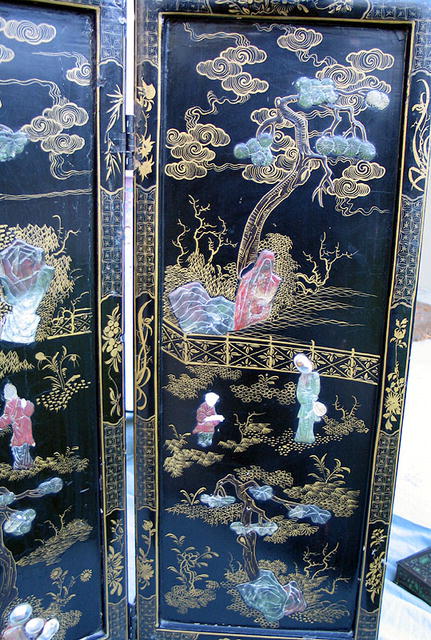 LARGE CHINESE SCREEN W/ JADE IVORY SERPENTINE CARVINGS