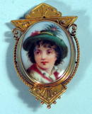 VICTORIAN 14K ETRUSCAN BROOCH W/ HAND PAINTED INSERT