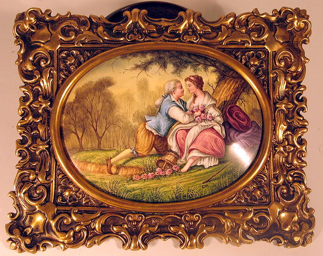 SIGNED VIENNESE ENAMEL COURTING COUPLE IN BRASS