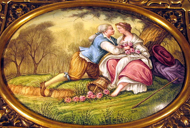 SIGNED VIENNESE ENAMEL COURTING COUPLE IN BRASS