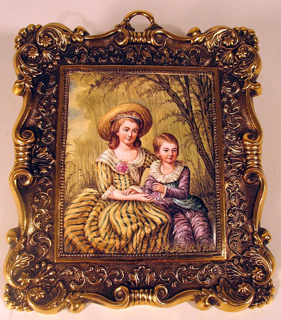 AUSTRIAN VIENNESE ENAMEL WOMAN & CHILD IN BRASS