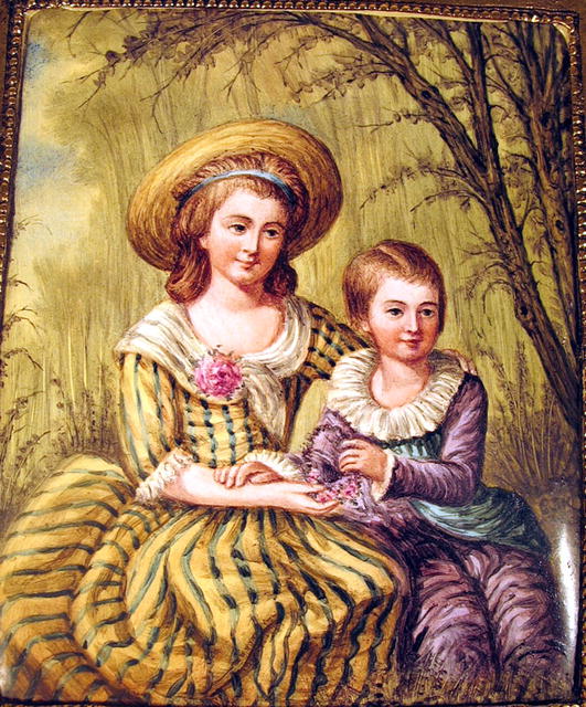 AUSTRIAN VIENNESE ENAMEL WOMAN & CHILD IN BRASS