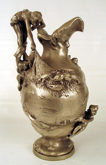STUNNING SILVERED BRONZE ART NOUVEAU JUG WOMEN FISH