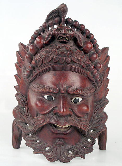 WELL CARVED CHINESE WOOD MASK INLAID EYES c1850