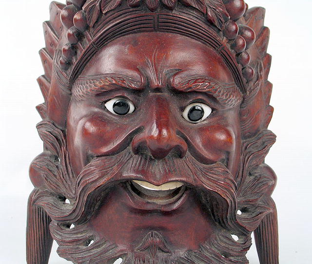 WELL CARVED CHINESE WOOD MASK INLAID EYES c1850