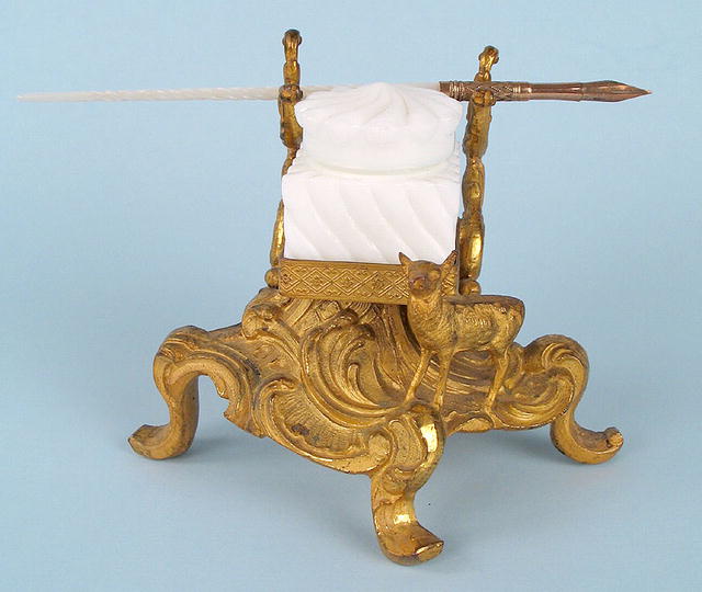 STUNNING GILDED BRONZE ROCOCCO INKWELL WITH DEER c1880