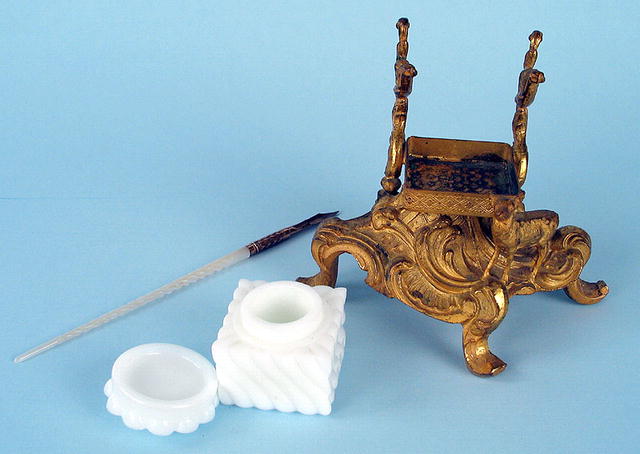 STUNNING GILDED BRONZE ROCOCCO INKWELL WITH DEER c1880