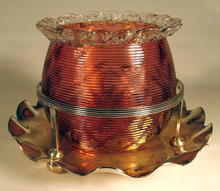 UNUSUAL VICTORIAN THREADED GLASS SILVER PLATE CONDIMENT