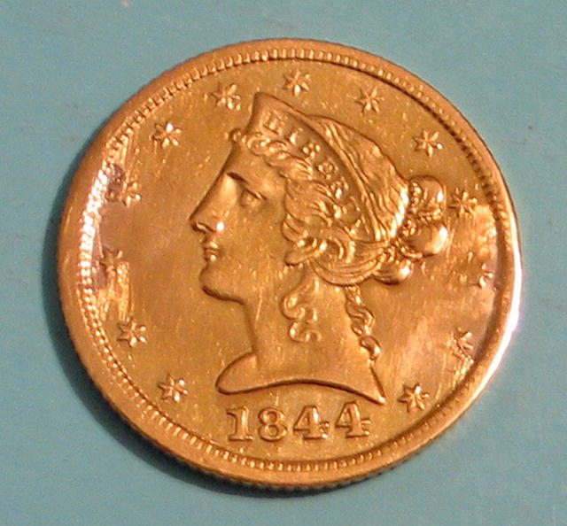 HALF EAGLE $5 GOLD PIECE 1844 D AU-55 DAHLONEGA GEORGIA