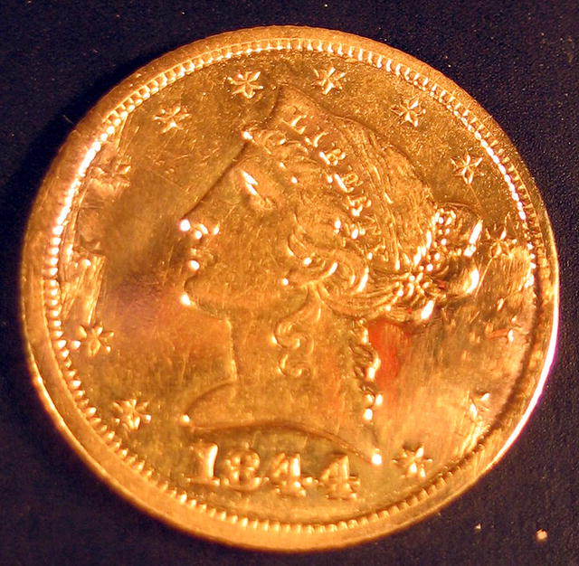 HALF EAGLE $5 GOLD PIECE 1844 D AU-55 DAHLONEGA GEORGIA