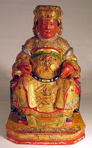CHINESE CARVED WOOD FIGURE OF EMPEROR ON THRONE QING