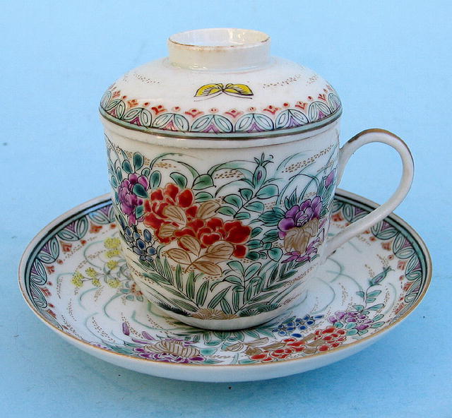 FINE MEIJI JAPANESE SATSUMA COVERED CUP AND SAUCER