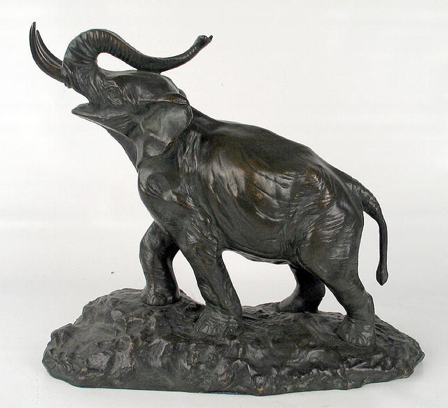 IRENEE ROCHARD BRONZE FIGURE OF ELEPHANT RAISED