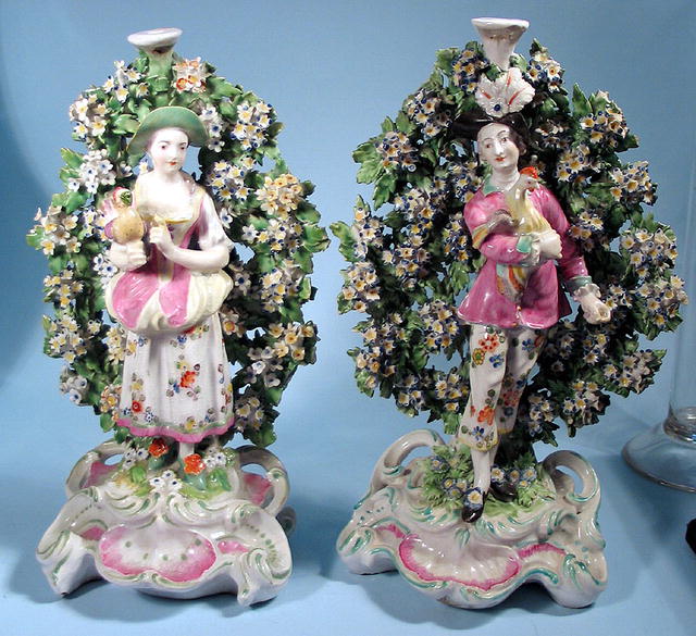 LARGE PAIR OF EARLY CHELSEA CANDLESTICKS BOCAGE 18c
