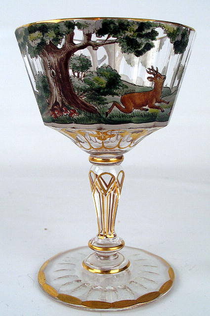 INTERESTING STERLING OVERLAY ENAMEL BOHEMIAN COMPOTE