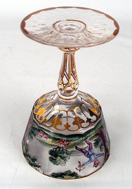INTERESTING STERLING OVERLAY ENAMEL BOHEMIAN COMPOTE