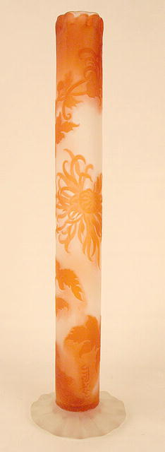LARGE EARLY GALLE CAMEO GLASS VASE RUFFLED TOP FLORAL