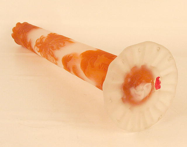 LARGE EARLY GALLE CAMEO GLASS VASE RUFFLED TOP FLORAL