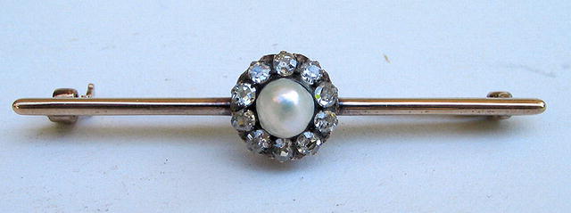 QUALITY 14K GOLD PEARL 10 DIAMONDS PIN BROOCH .5+ CARAT