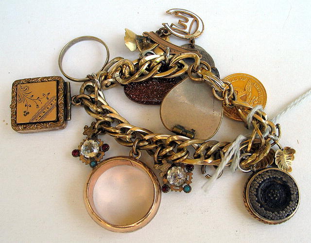 VICTORIAN CHARM BRACELET 14K $2.5 GOLD PIECE 3c PIECES