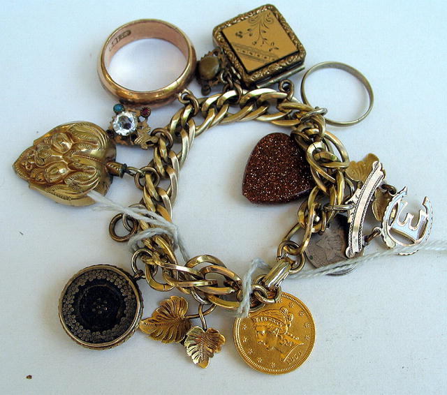 VICTORIAN CHARM BRACELET 14K $2.5 GOLD PIECE 3c PIECES