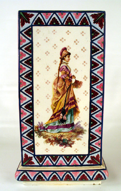 LARGE SAINT DENIS FAIENCE VASE WITH 19TH C WOMAN COLORS