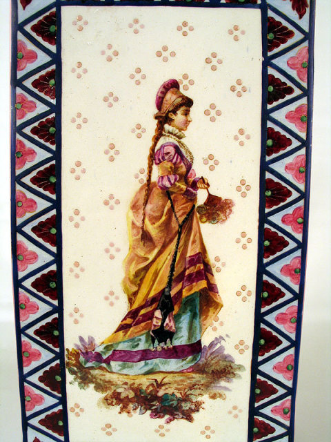 LARGE SAINT DENIS FAIENCE VASE WITH 19TH C WOMAN COLORS