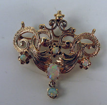 QUALITY 14K GOLD PIN BROOCH PENDANT FIREY OPALS NOUVEAU