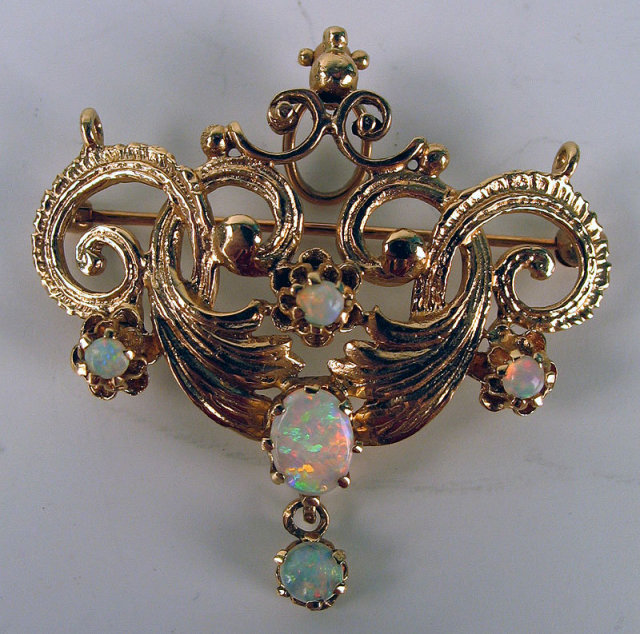 QUALITY 14K GOLD PIN BROOCH PENDANT FIREY OPALS NOUVEAU