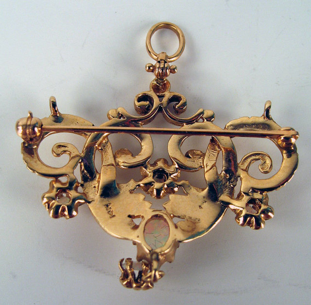 QUALITY 14K GOLD PIN BROOCH PENDANT FIREY OPALS NOUVEAU