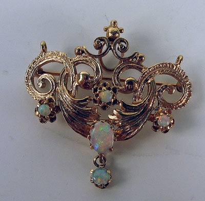 QUALITY 14K GOLD PIN BROOCH PENDANT FIREY OPALS NOUVEAU