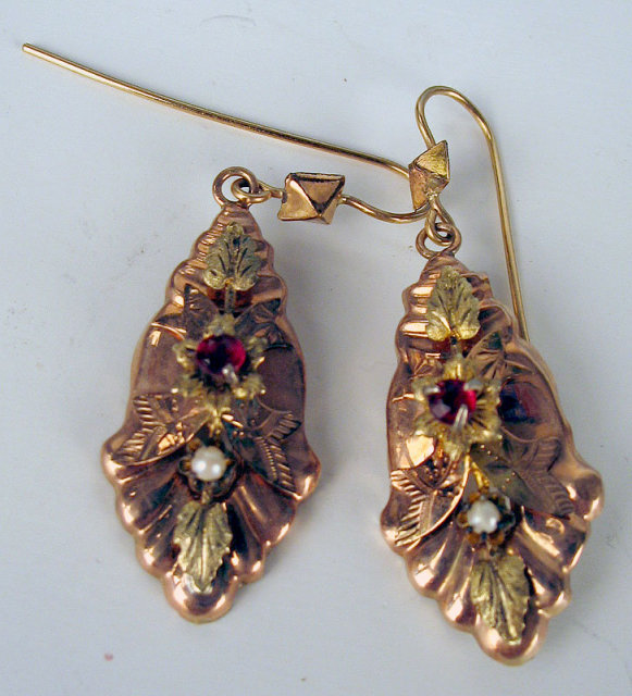 FANTASTIC VICTORIAN EARRINGS WITH RUBY PEARL 14K GOLD