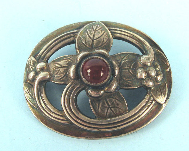 GEORG JENSEN STERLING SILVER BROOCH 138 GARNET CABOCHON