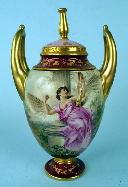 FINE ROYAL VIENNA VASE W LID ANGEL & CUPID CHERUB HANDPAINTED