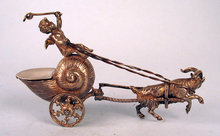 AMAZING STERLING SILVER CHERUB RIDING IN SNAIL CART PULLED BY GOAT SALT DIP