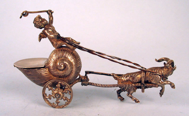 AMAZING STERLING SILVER CHERUB RIDING IN SNAIL CART PULLED BY GOAT SALT DIP