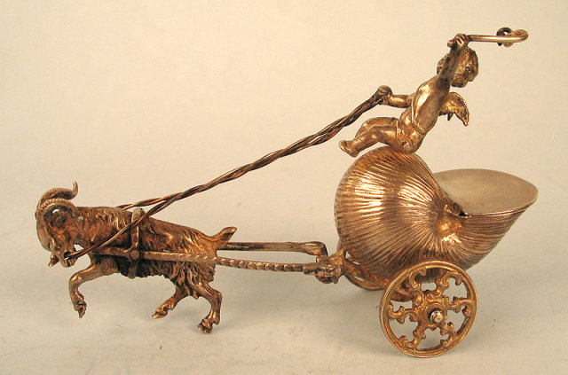 AMAZING STERLING SILVER CHERUB RIDING IN SNAIL CART PULLED BY GOAT SALT DIP