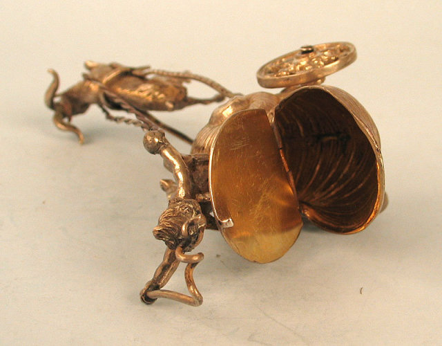 AMAZING STERLING SILVER CHERUB RIDING IN SNAIL CART PULLED BY GOAT SALT DIP