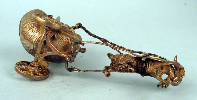 AMAZING STERLING SILVER CHERUB RIDING IN SNAIL CART PULLED BY GOAT SALT DIP
