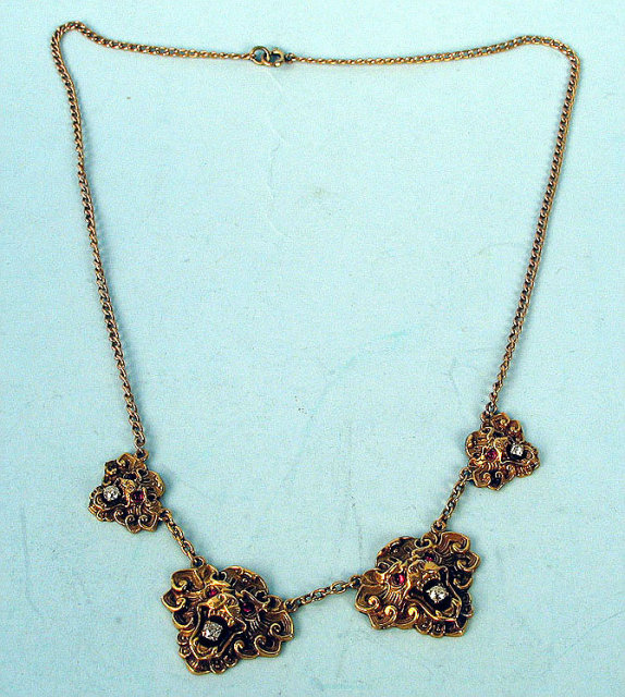 GREAT VICTORIAN 14K GOLD NECKLACE LIONS HEADS, RUBIES, DIAMONDS