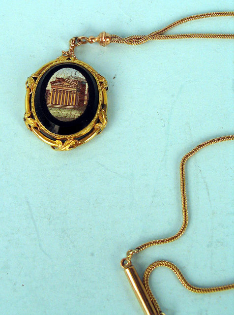 OUTSTANDING 14K GOLD MICROMOSAIC PENDANT AND CHAIN 1870s