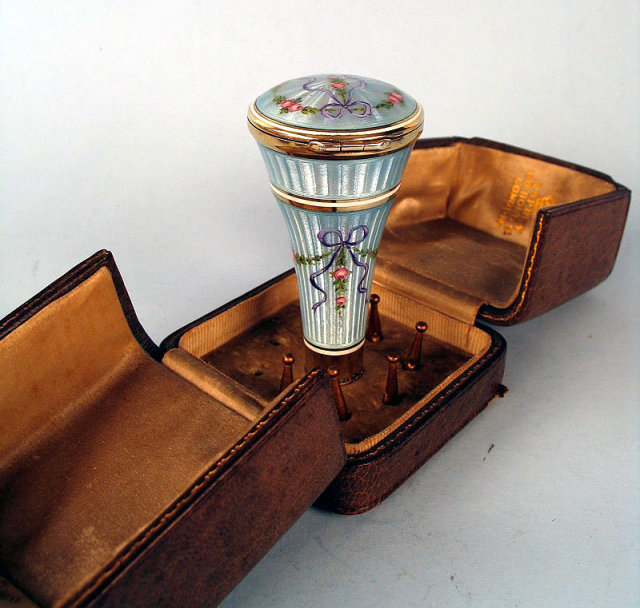 MUSEUM QUALITY ENAMEL STERLING UMBRELLA PARASOL CANE HANDLE W COMPACT IN ASPREY BOX