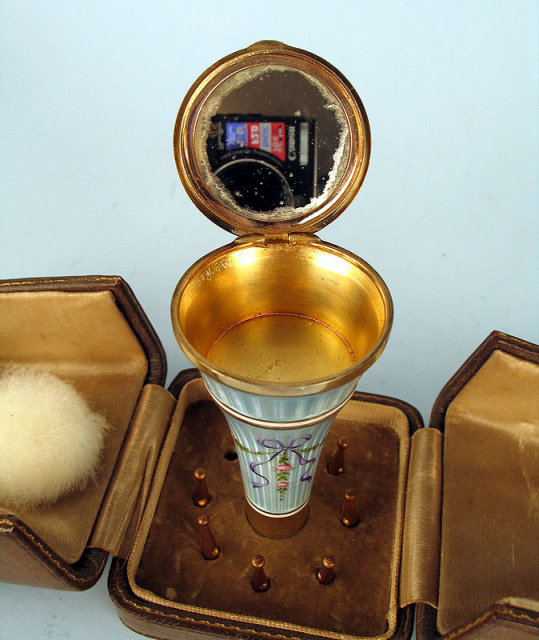 MUSEUM QUALITY ENAMEL STERLING UMBRELLA PARASOL CANE HANDLE W COMPACT IN ASPREY BOX