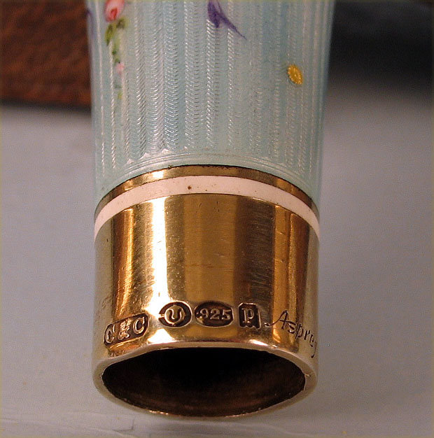 MUSEUM QUALITY ENAMEL STERLING UMBRELLA PARASOL CANE HANDLE W COMPACT IN ASPREY BOX