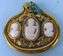 STUNNING RARITY ANTIQUE TRIPLE CAMEO SNAKE BROOCH TURQUOISE RUBY EYES 14K GOLD