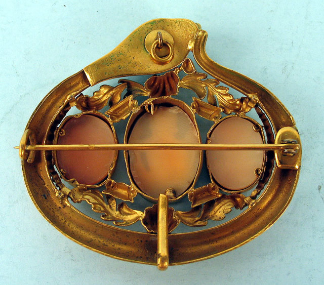STUNNING RARITY ANTIQUE TRIPLE CAMEO SNAKE BROOCH TURQUOISE RUBY EYES 14K GOLD