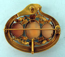 STUNNING RARITY ANTIQUE TRIPLE CAMEO SNAKE BROOCH TURQUOISE RUBY EYES 14K GOLD