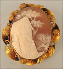 INTERESTING VILLAGE SCENE ANTIQUE CAMEO WOMAN IN TOWN ACORNS LEAVES GOLD FRAME